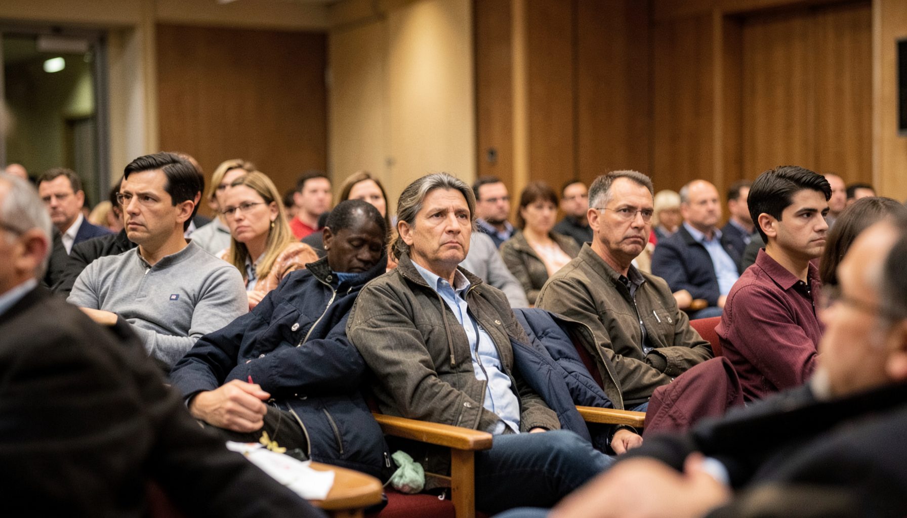 Community members seated in a meeting hall listening attentively, warm indoor lighting