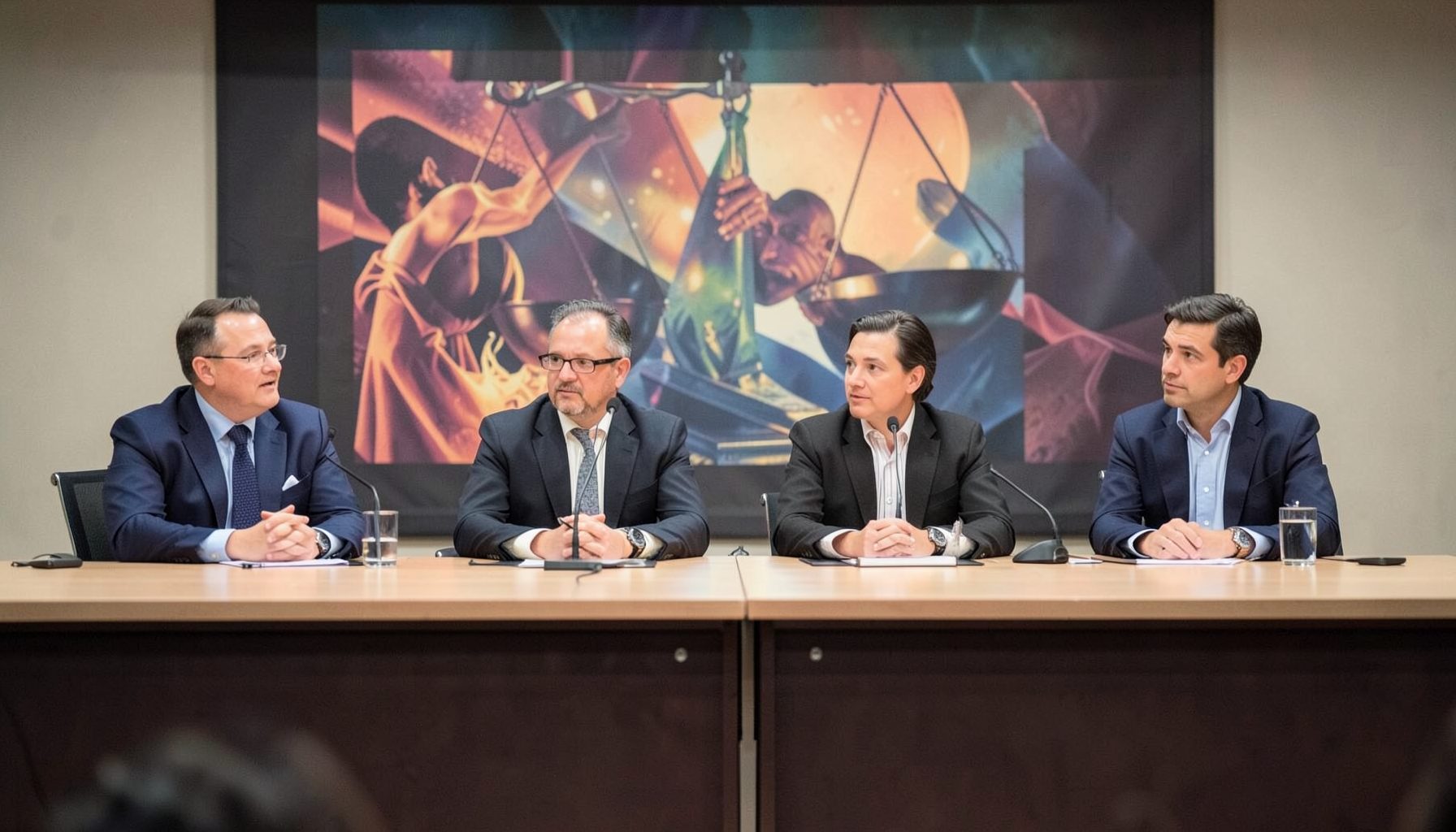Panel discussion with speakers seated behind a long table, banner with abstract justice-themed imagery behind them, warm indoor lighting