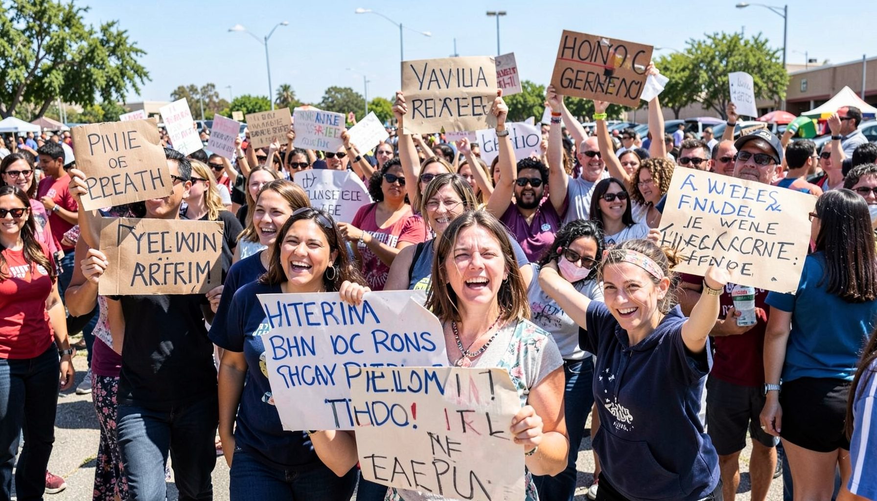 Outdoor rally with people holding handmade signs advocating for prison reform, bright daylight