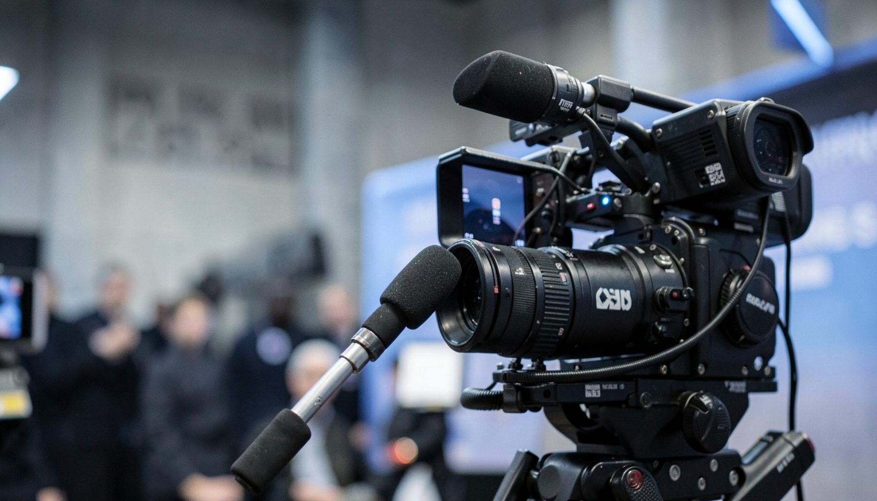 Television news camera and microphone in a press setting, muted grays and blues, broadcast journalism mood