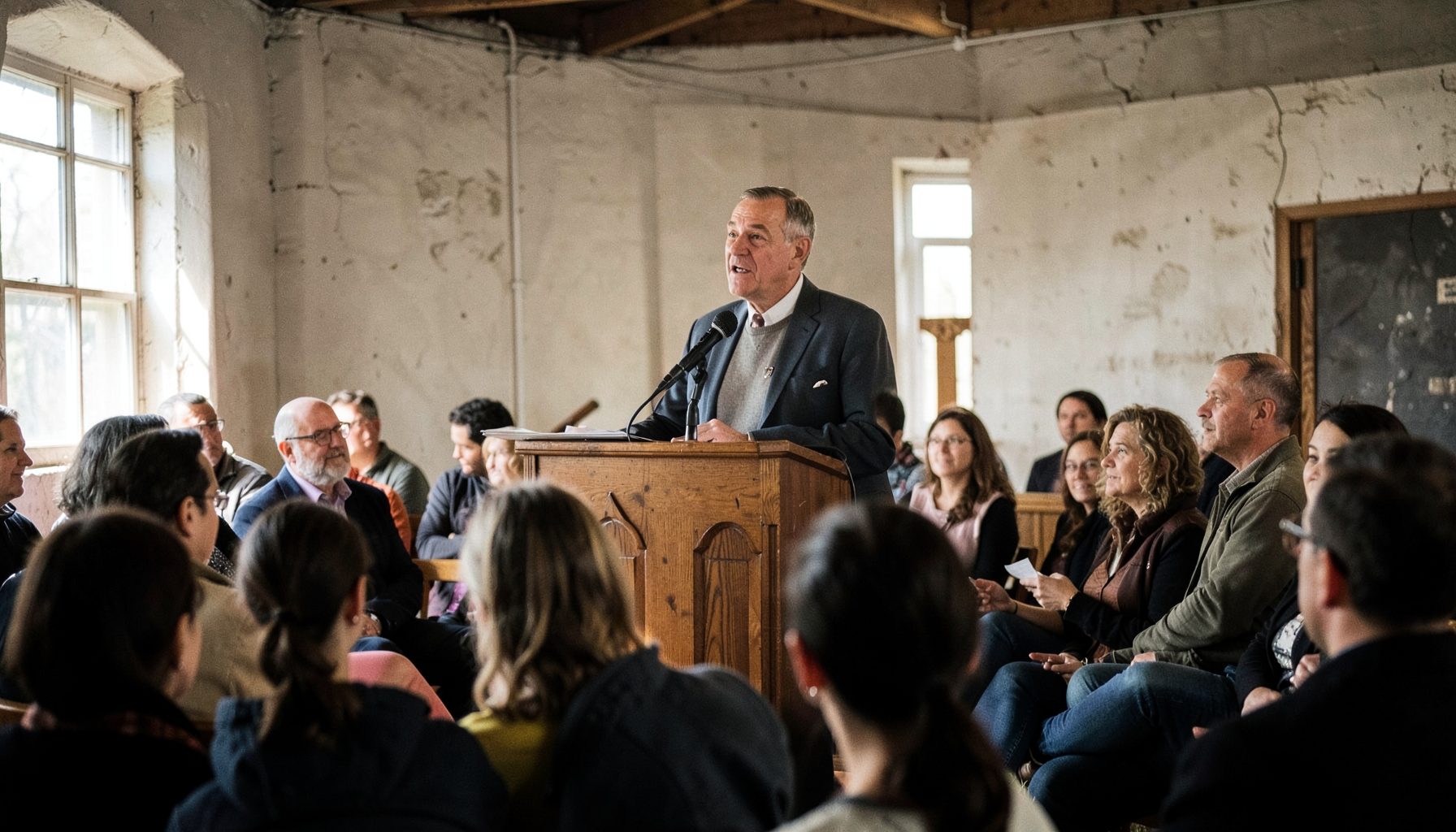 Speaker at a podium addressing a small crowd in a church basement, natural light from windows