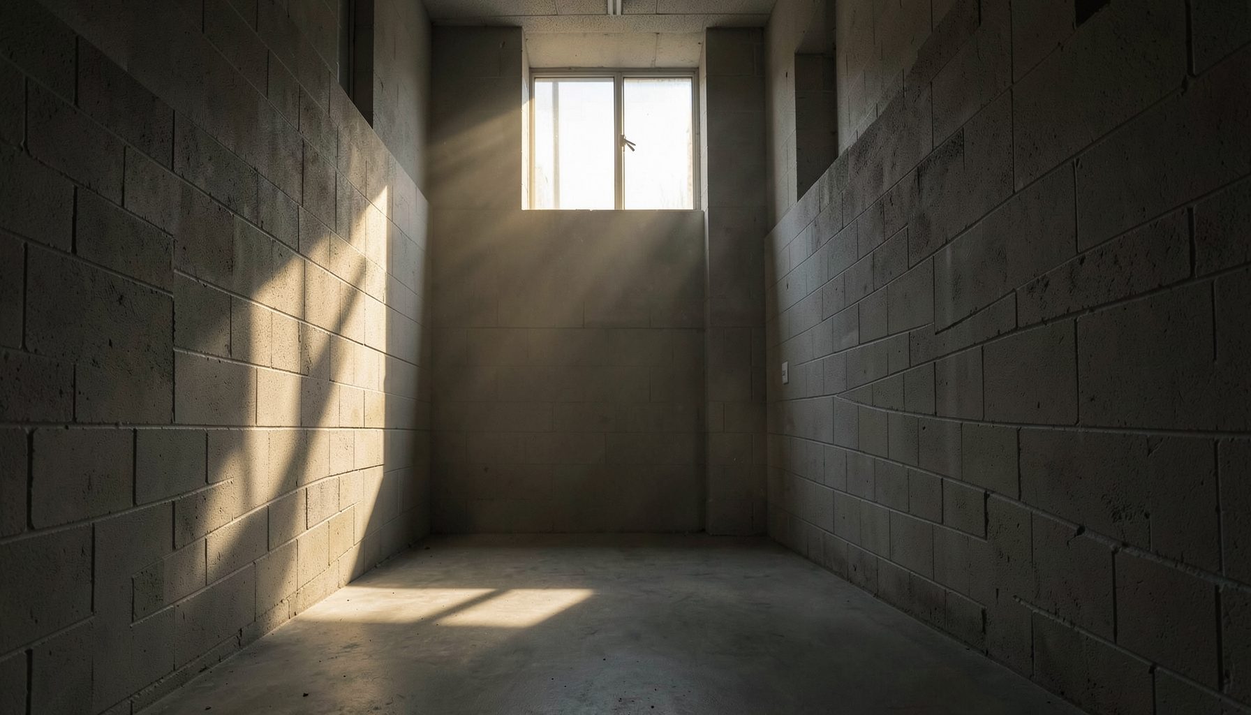Sunlight streaming through a high window into a stark institutional hallway with cinderblock walls, casting long shadows