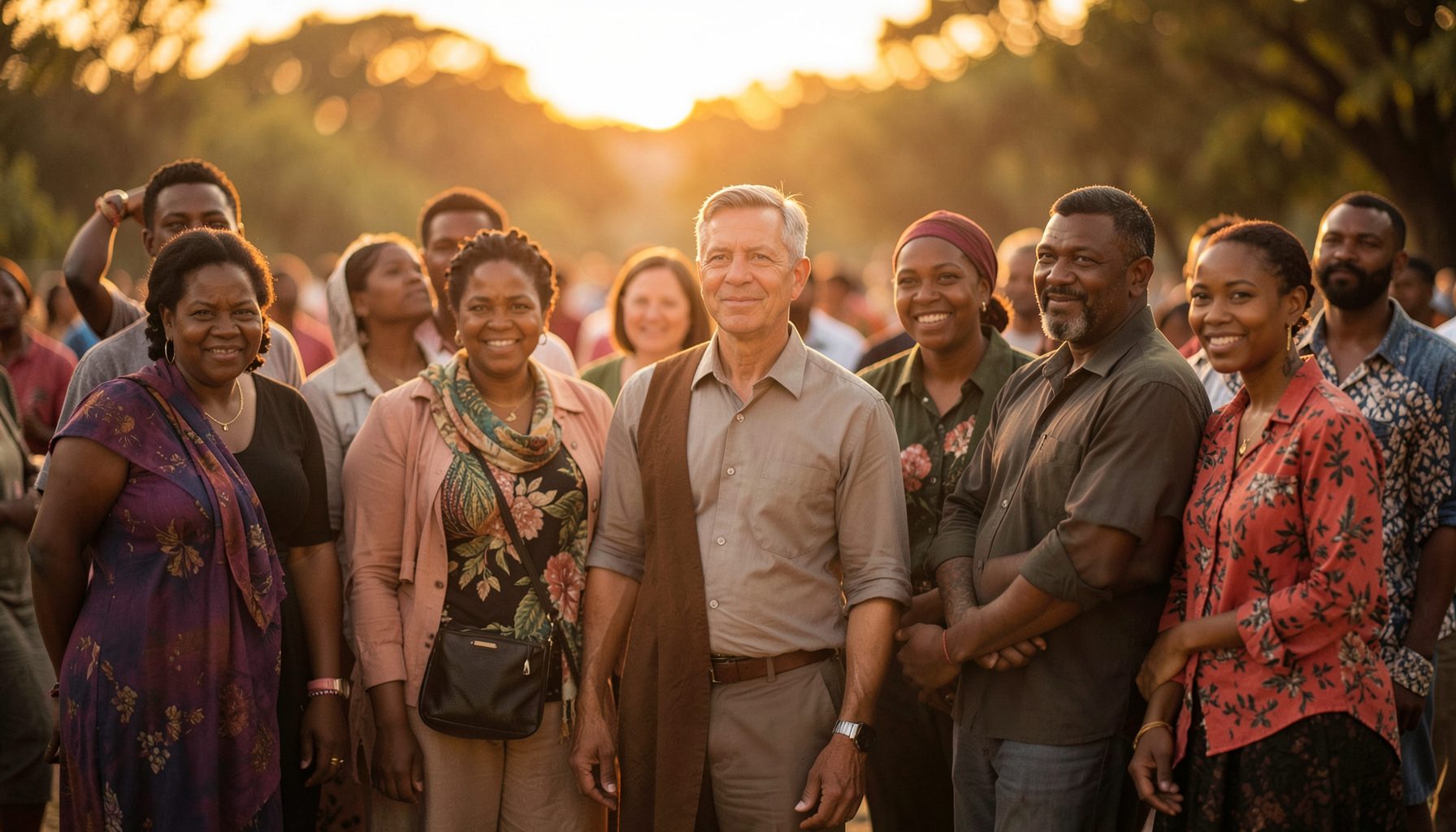 A diverse group of people standing together in solidarity, warm golden and amber tones, soft focus background