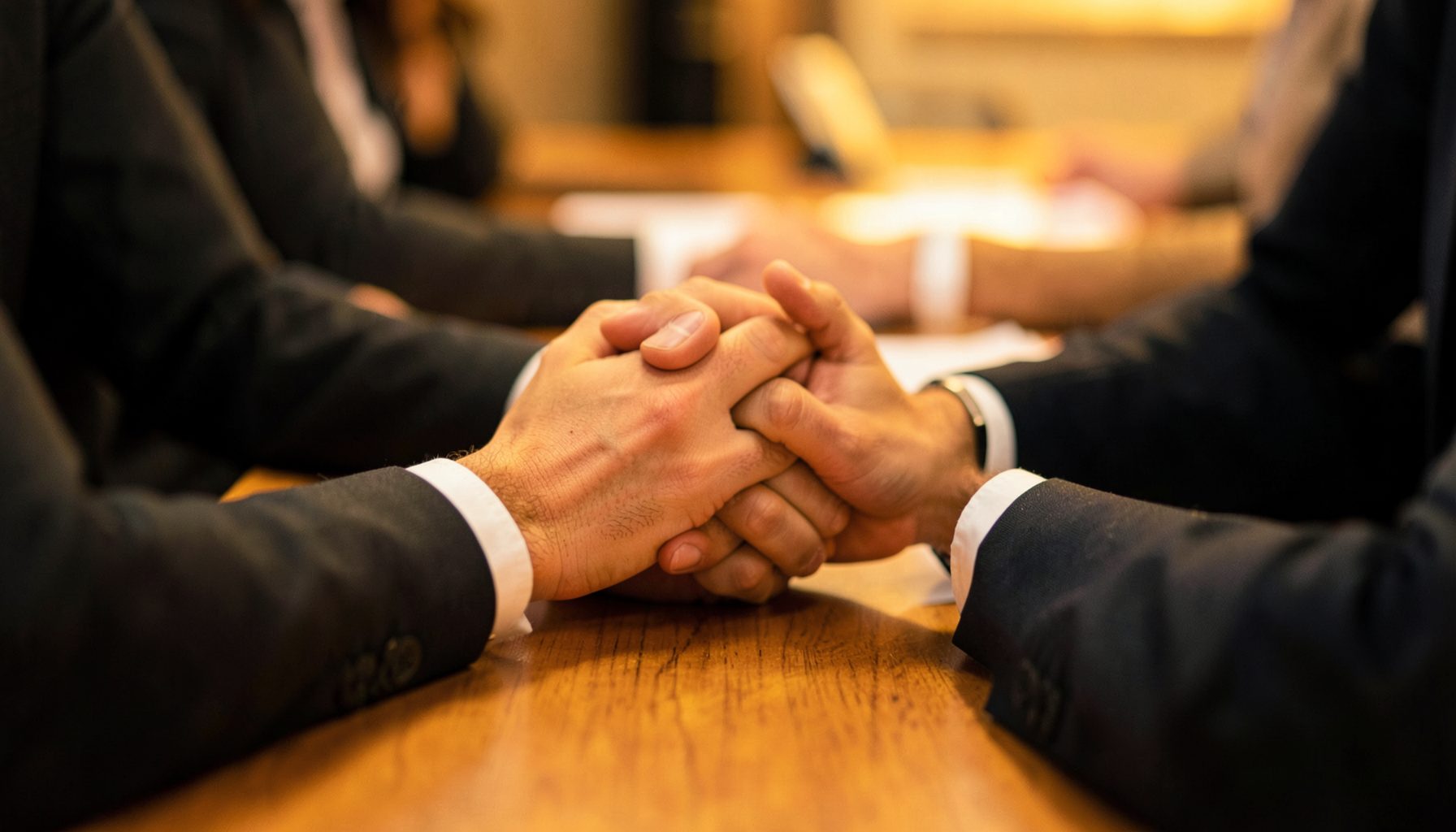 Close-up of hands clasped together on a wooden table during a strategy meeting, warm amber tones