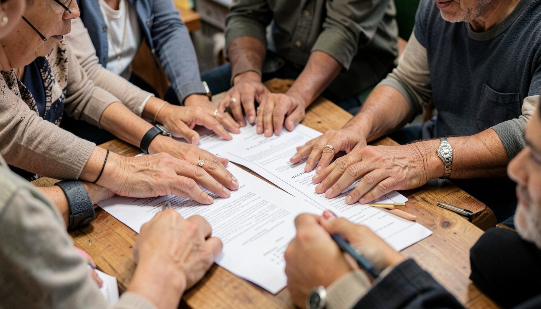 Hands of diverse community members gathered around documents on a wooden table, collaborative and focused atmosphere