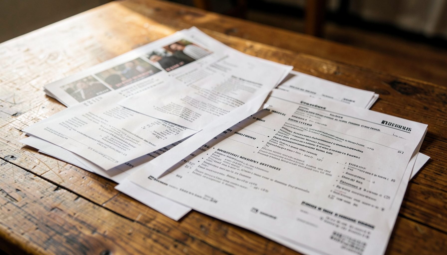 Stack of printed advocacy materials and petitions on a wooden table, warm natural light, grassroots organizing mood