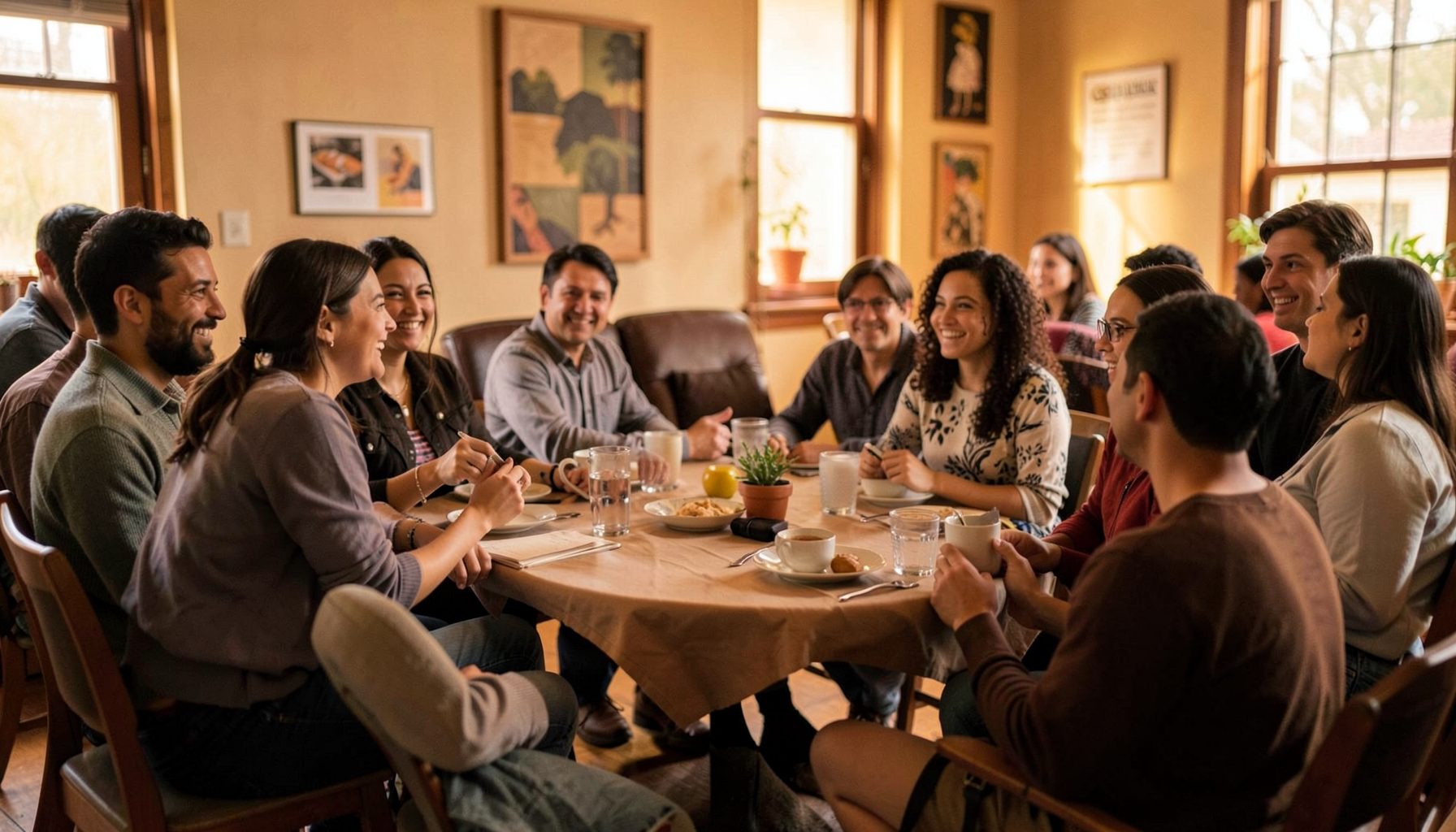 A diverse group of people gathered in a community meeting space, warm amber and brown tones, collaborative and hopeful atmosphere