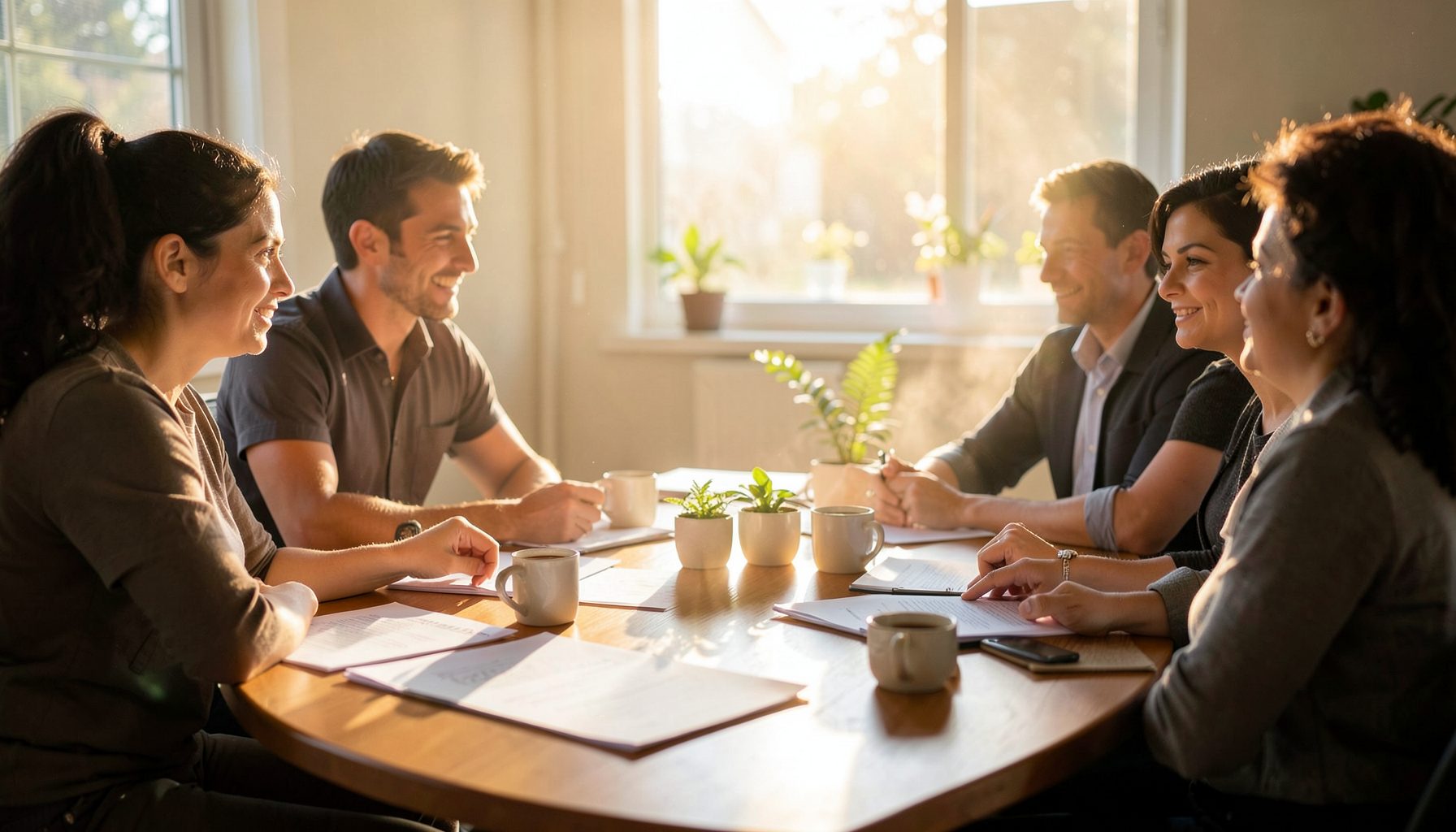Warm sunlight streaming through a window onto a community meeting table with papers and coffee cups, hopeful and collaborative atmosphere