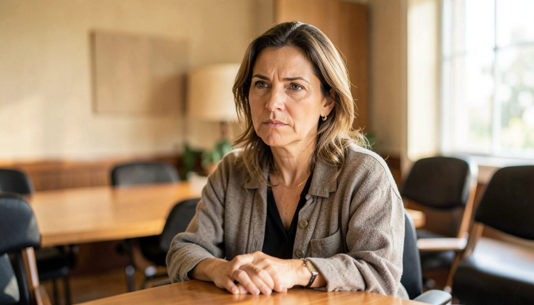 Portrait of a community advocate in a warm-toned meeting space, natural light, calm and determined expression