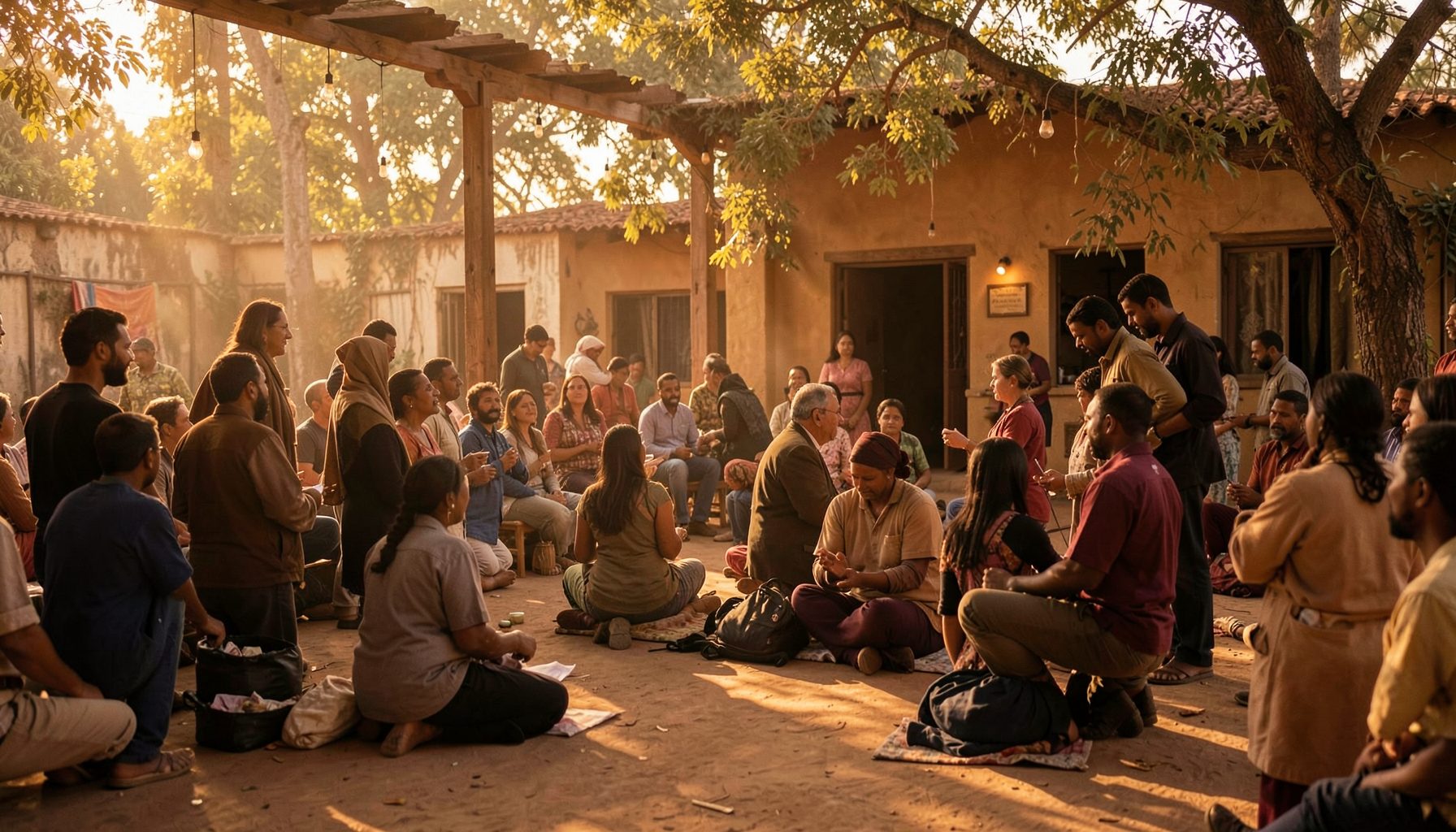 Wide view of a community gathering space with warm amber and deep brown tones, soft natural light, and an atmosphere of collective purpose