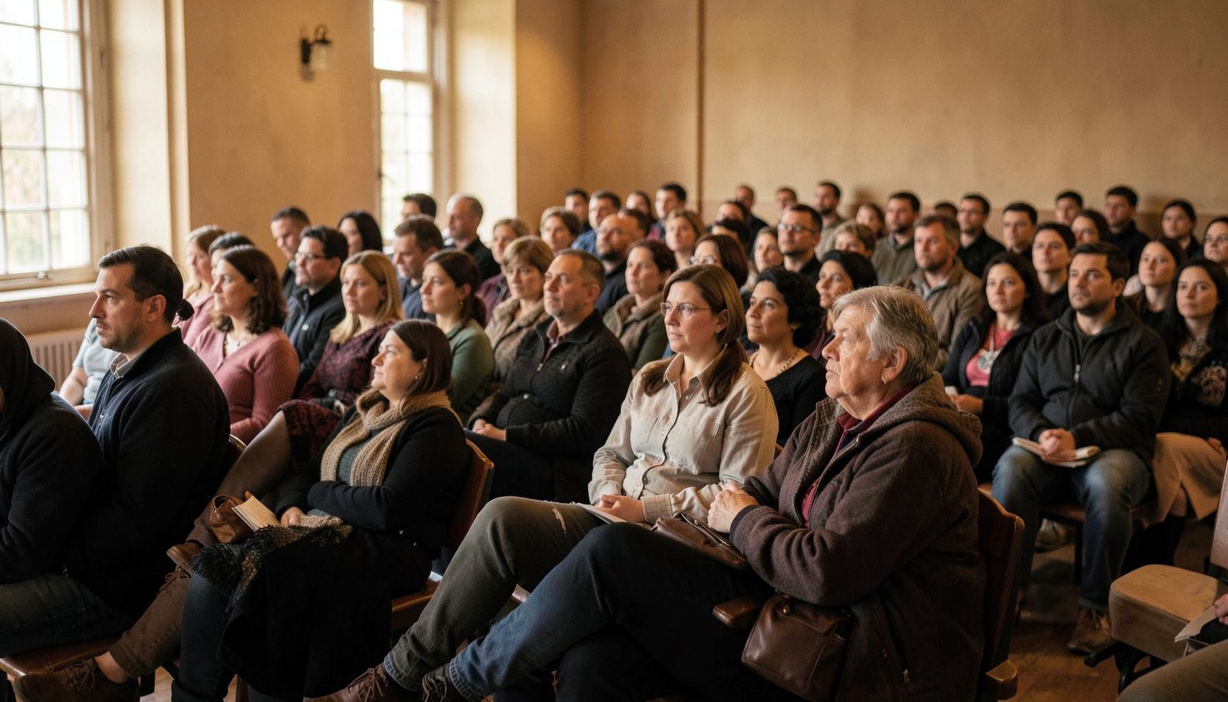 A community gathering in a public hall, warm amber and muted brown tones, people seated in rows listening attentively
